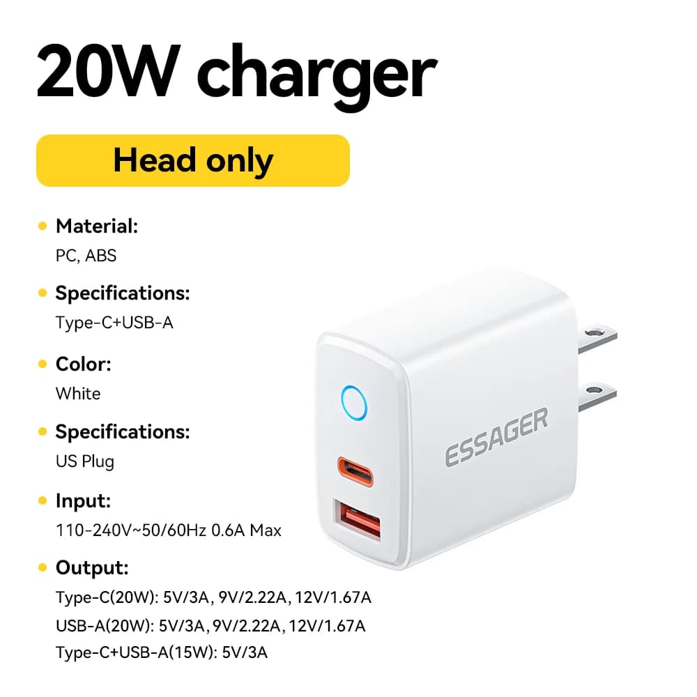20W USB-C PD Hurtigoplader Sæt