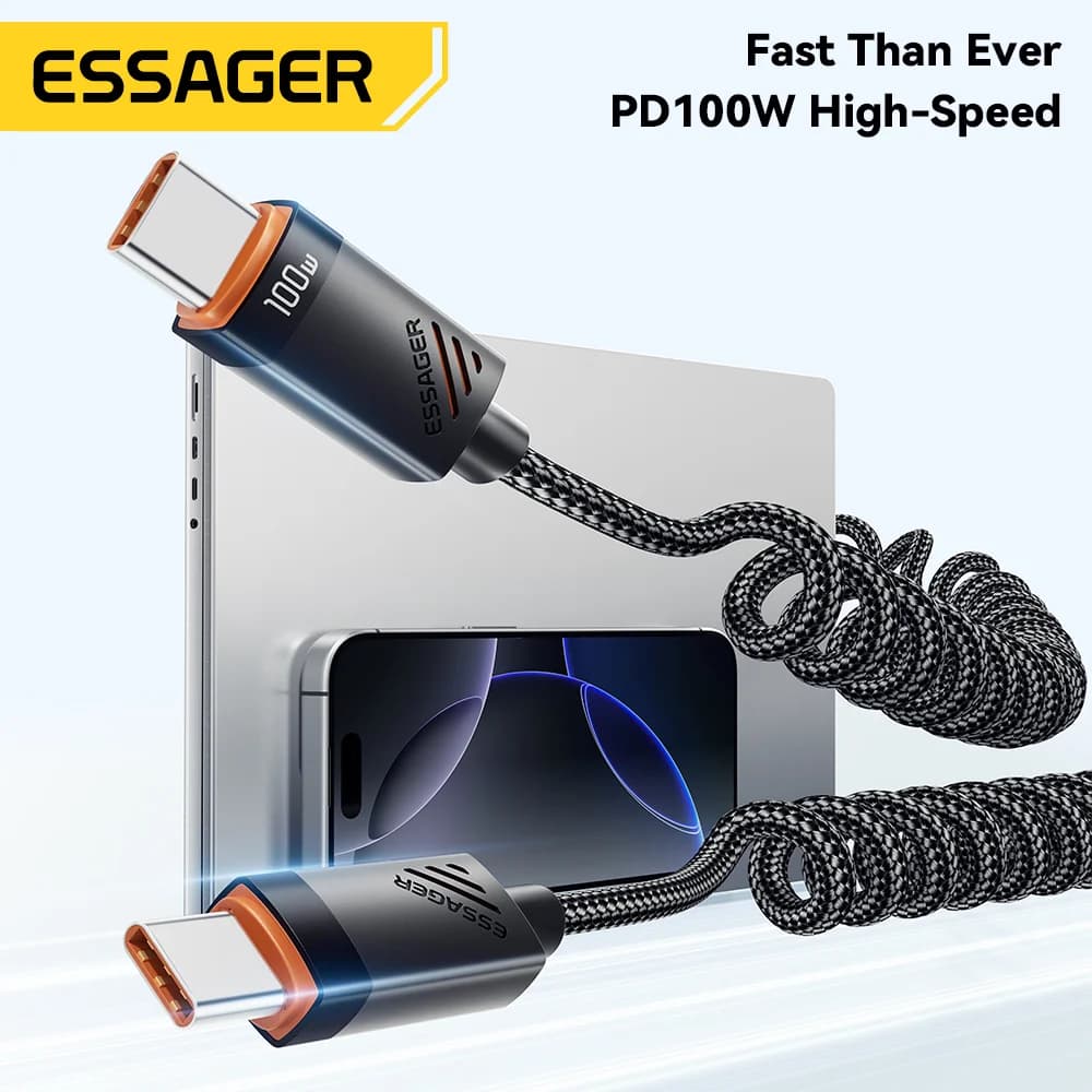 100W spiralformet USB-C til USB-C hurtigopladningskabel
