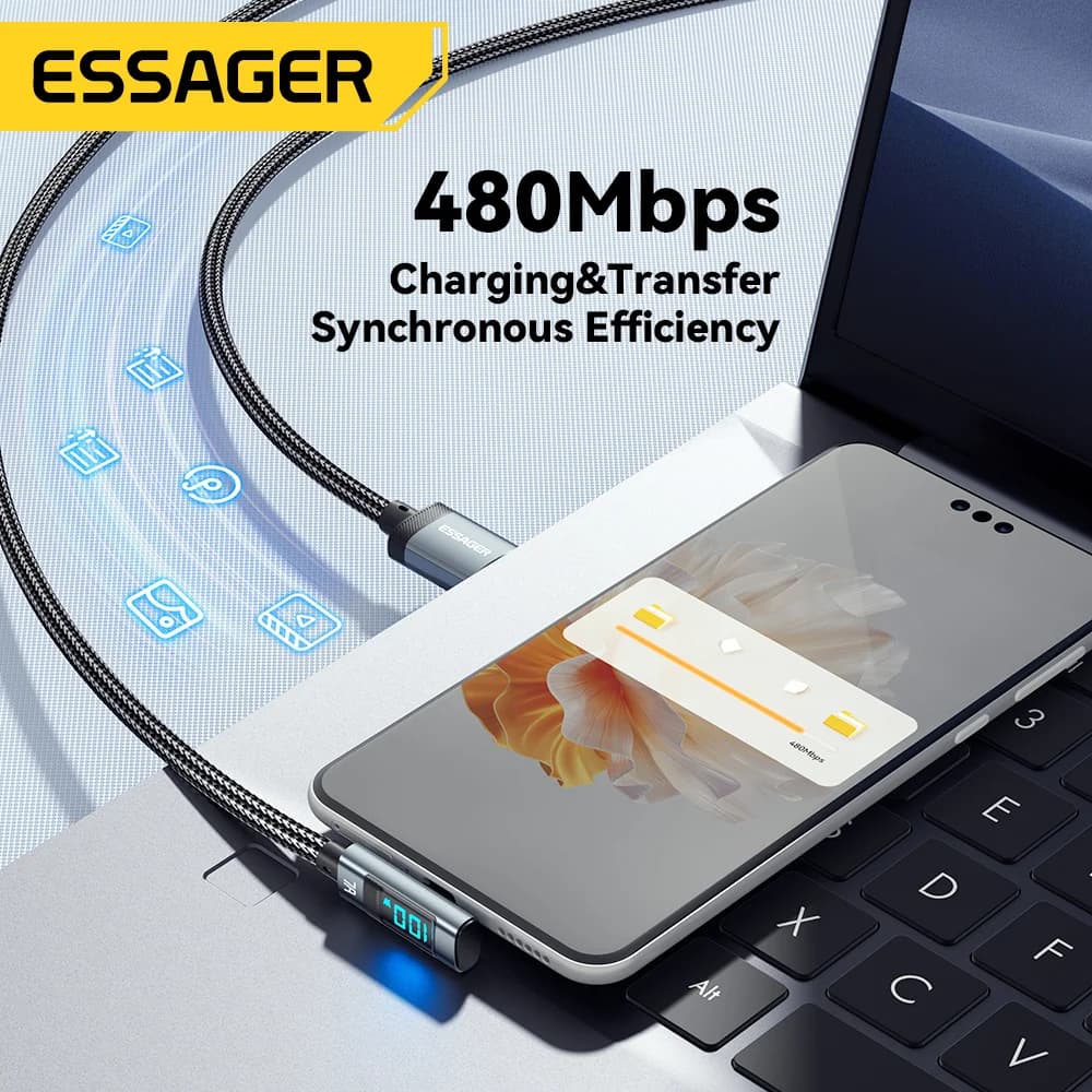 7A 100W vinklet USB-C-kabel med digitalt display