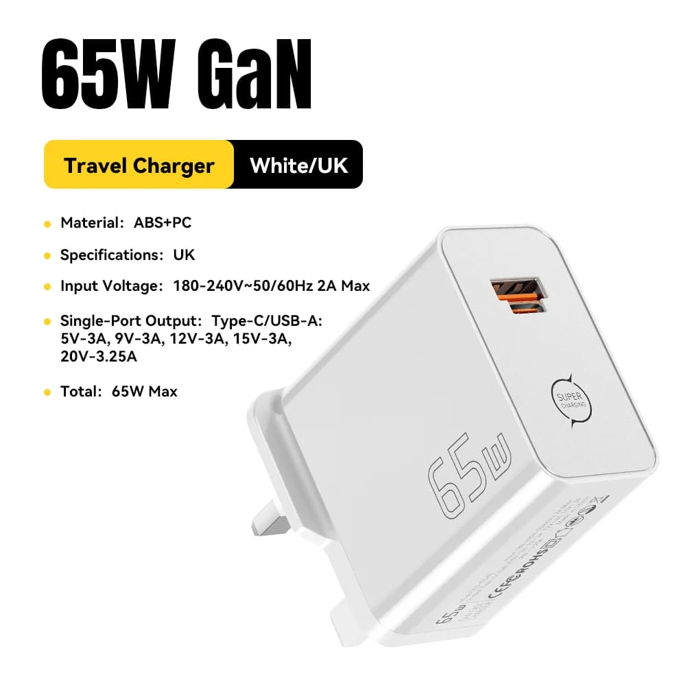 65W GaN 2-i-1 USB Type-C hurtigoplader