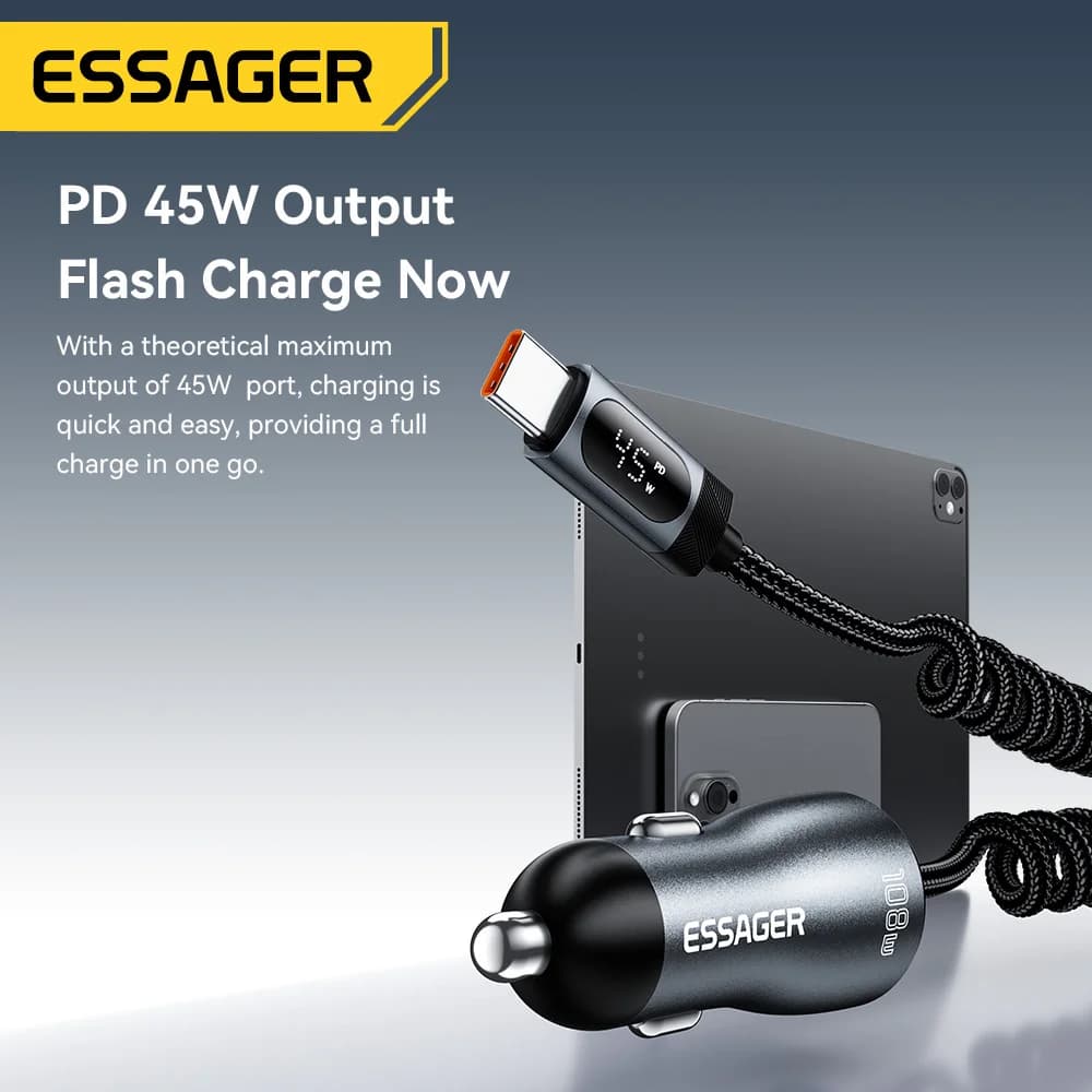 108W Biloplader med USB-C, USB-A og Fjederkabel