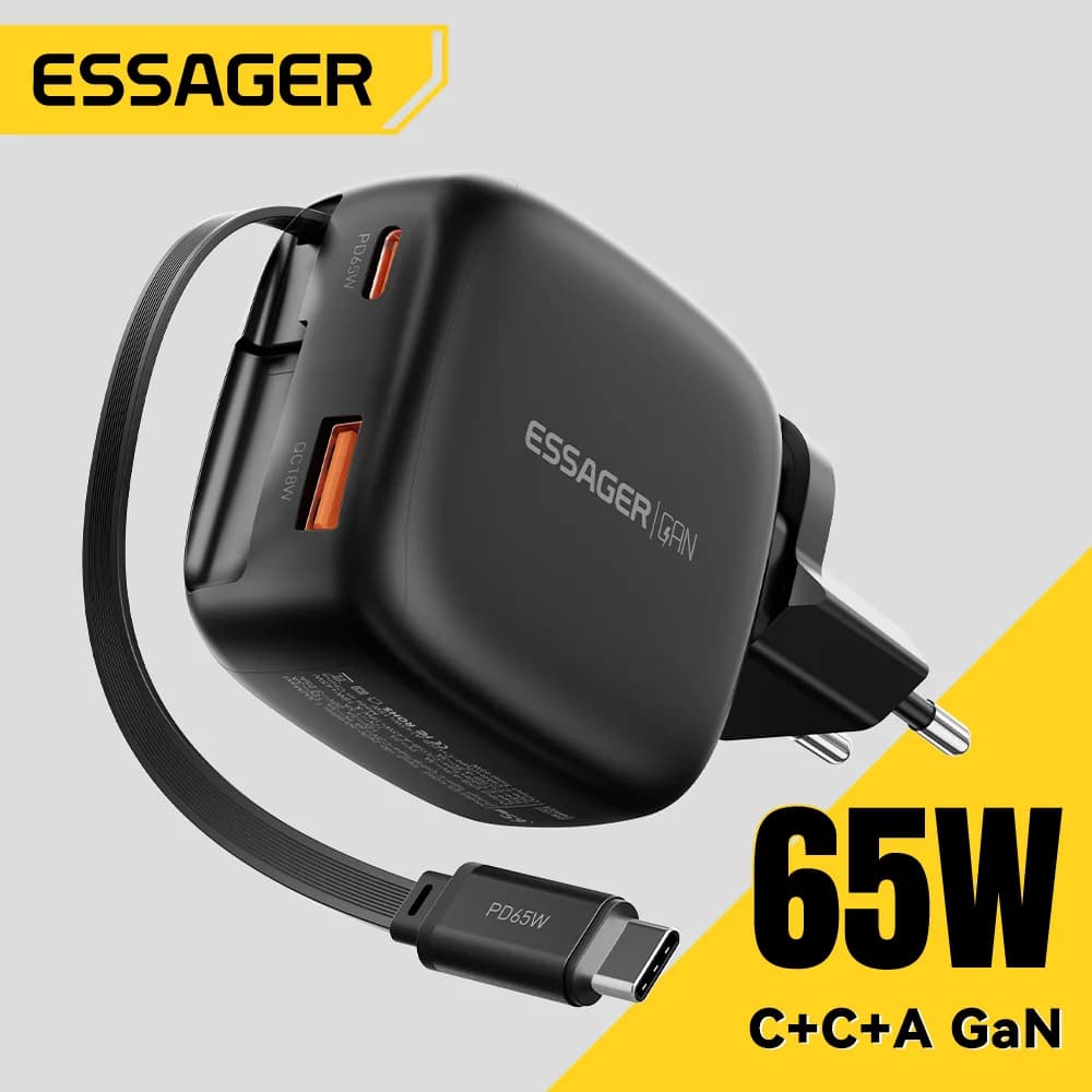 65W GaN-oplader med indtrækkelig 3-i-1 USB-C kabel