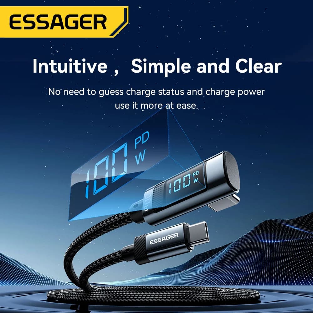100W 5A 90-graders USB-C kabel med LED-display