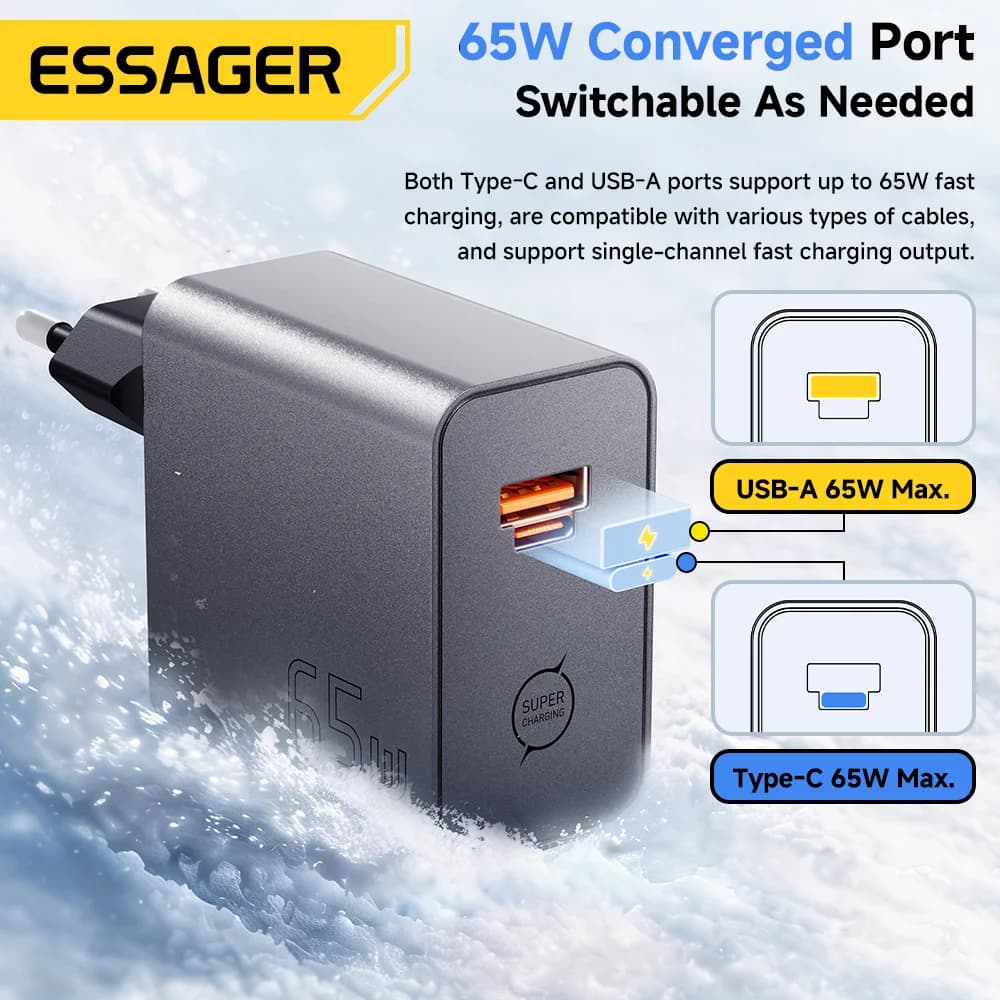 65W GaN 2-i-1 USB Type-C hurtigoplader