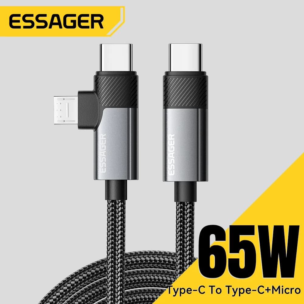 2-i-1 65W PD hurtigopladningskabel Type-C/USB-A til Micro