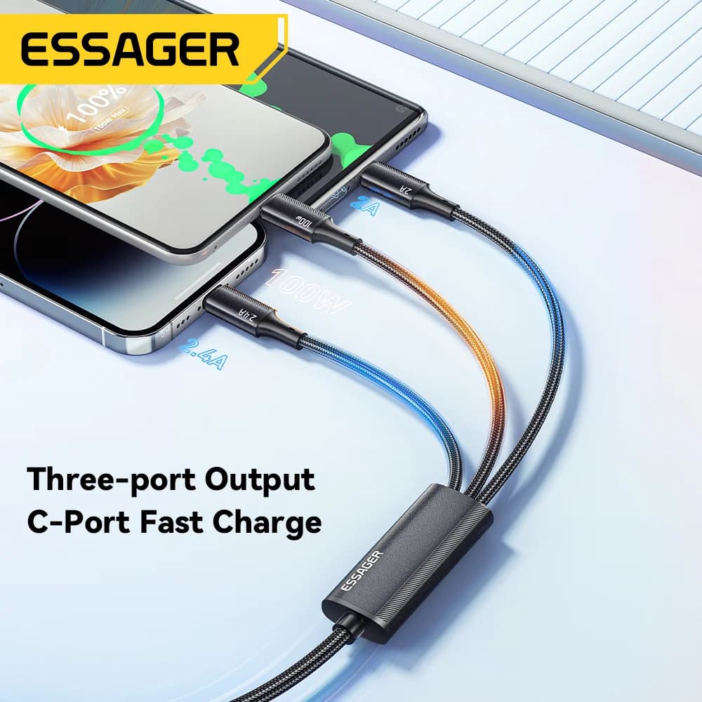 100W 3-i-1 USB-C til Lightning opladningskabel