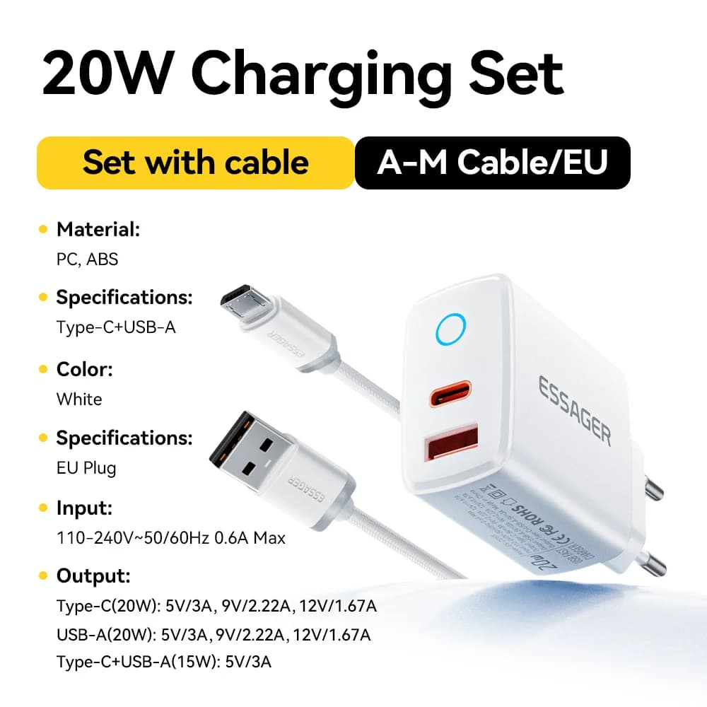 20W USB-C PD Hurtigoplader Sæt