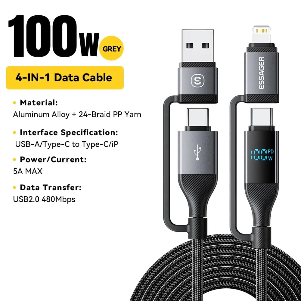 4-i-1 Digital Display USB-C Kabel, 100W PD