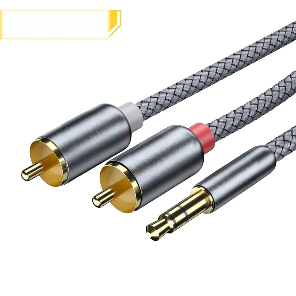 3,5 mm jack til dobbelt RCA hanlyd-kabel