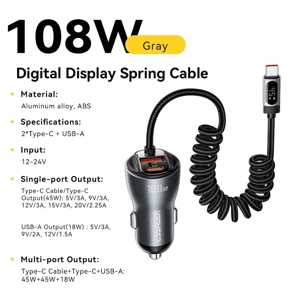 108W Biloplader med USB-C, USB-A og Fjederkabel