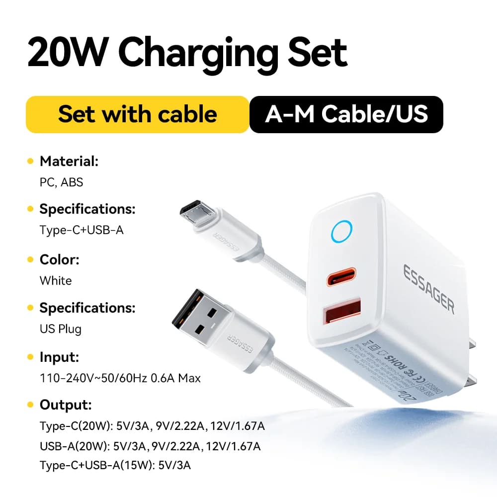20W USB-C PD Hurtigoplader Sæt