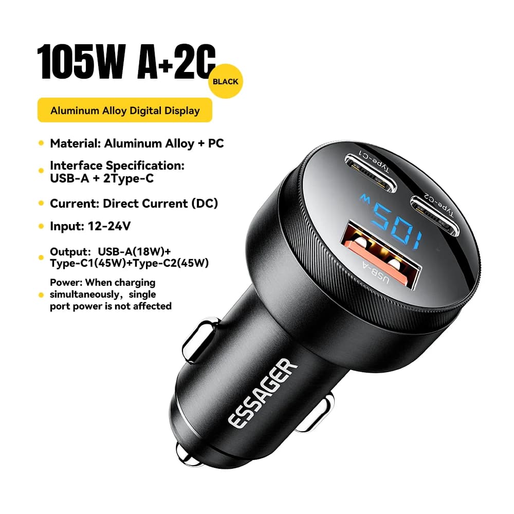 105W USB biloplader QC4.0 PD hurtigopladning