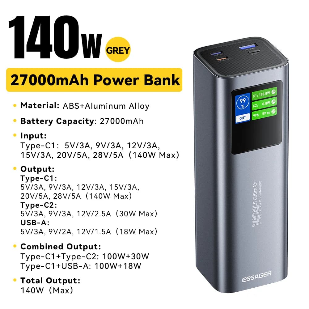 27000mAh Powerbank, 140W PD 3.1 Hurtigopladning
