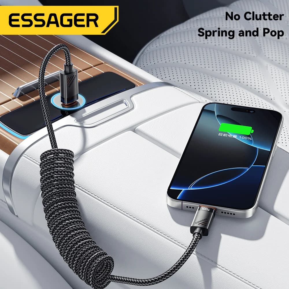 100W spiralformet USB-C til USB-C hurtigopladningskabel