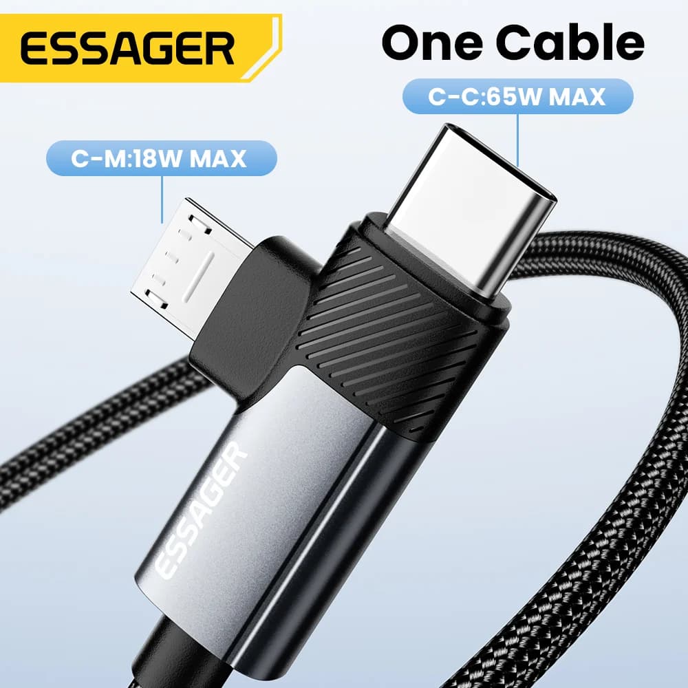 2-i-1 65W PD hurtigopladningskabel Type-C/USB-A til Micro