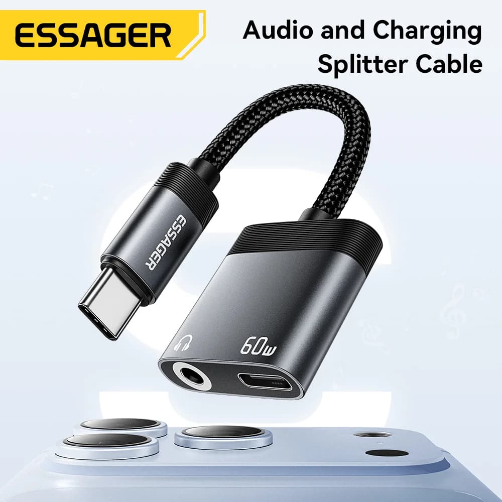 2-i-1 USB-C lyd og 60W PD-oplading splitter
