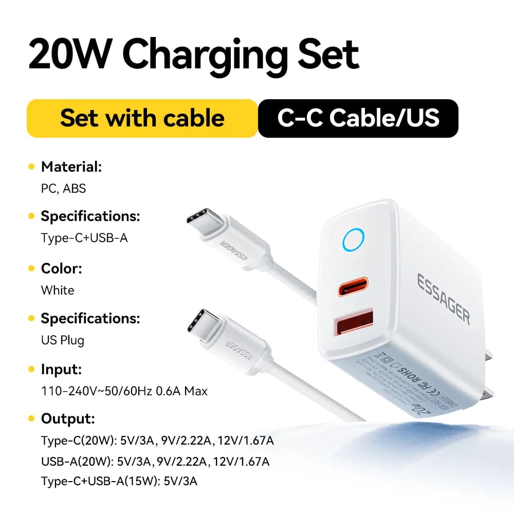 20W USB-C PD Hurtigoplader Sæt