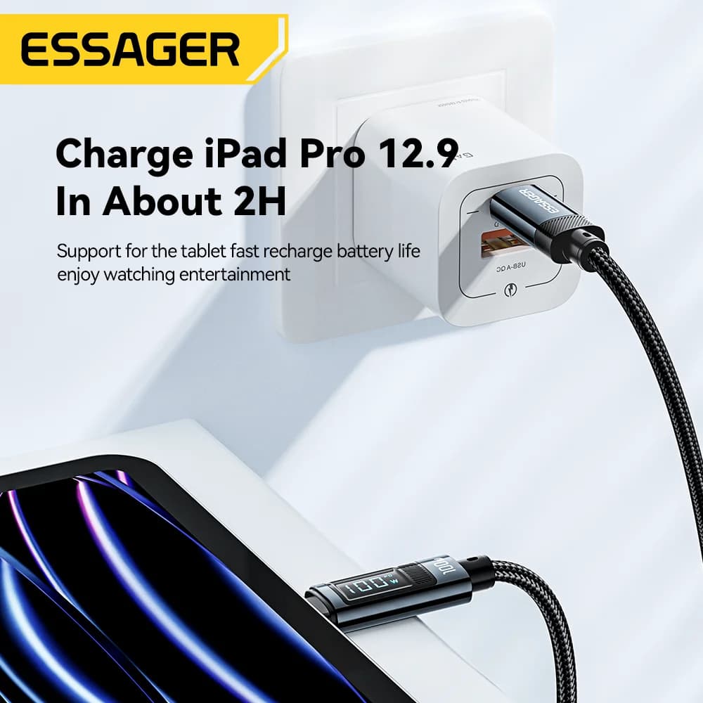 100W USB Type-C kabel med 90° vinkel og LED-display
