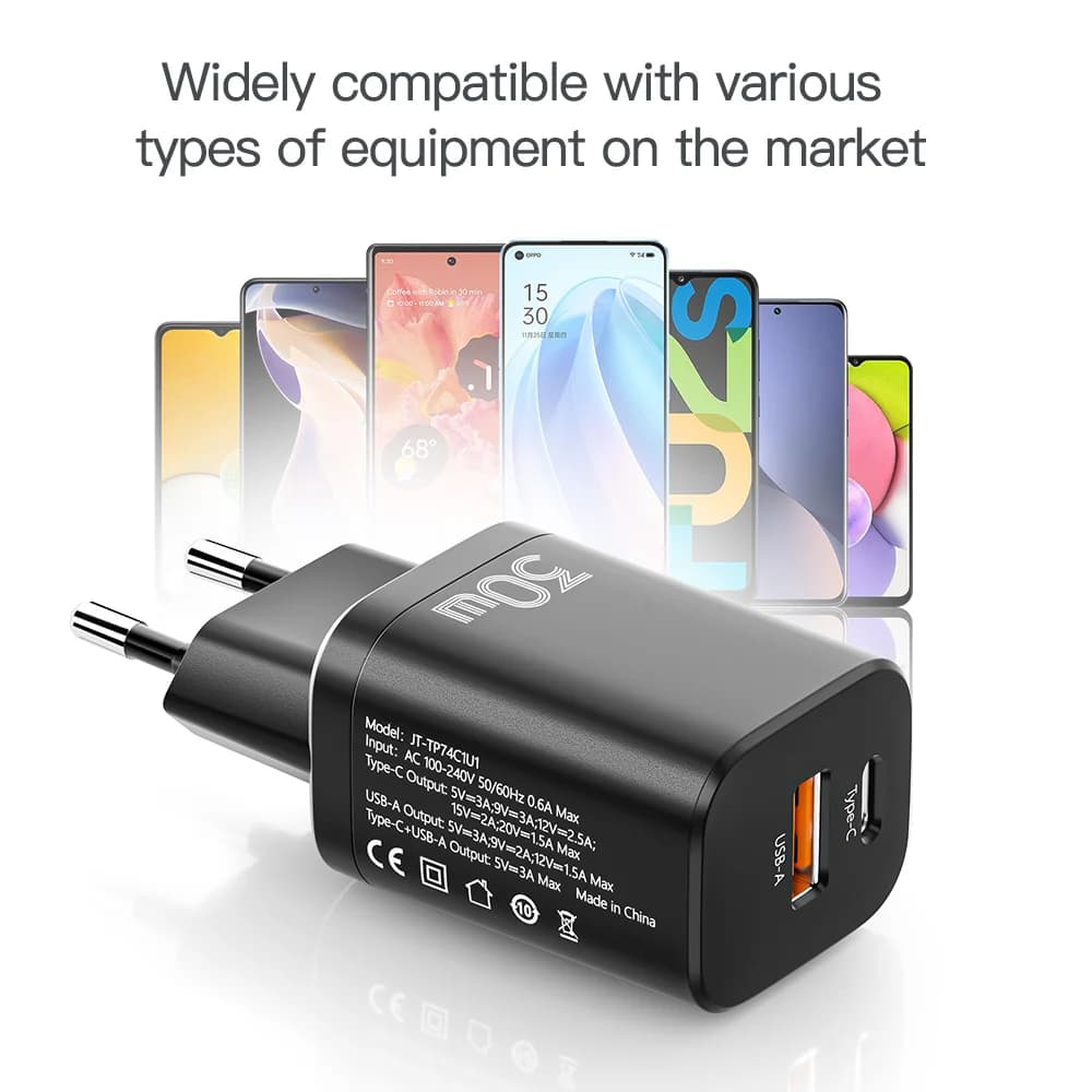 30W Dobbeltport USB-C Vægoplader med QC 3.0