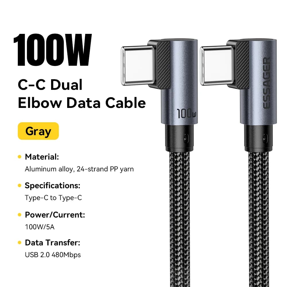 Elbow 100W USB-C til USB-C hurtigopladningskabel