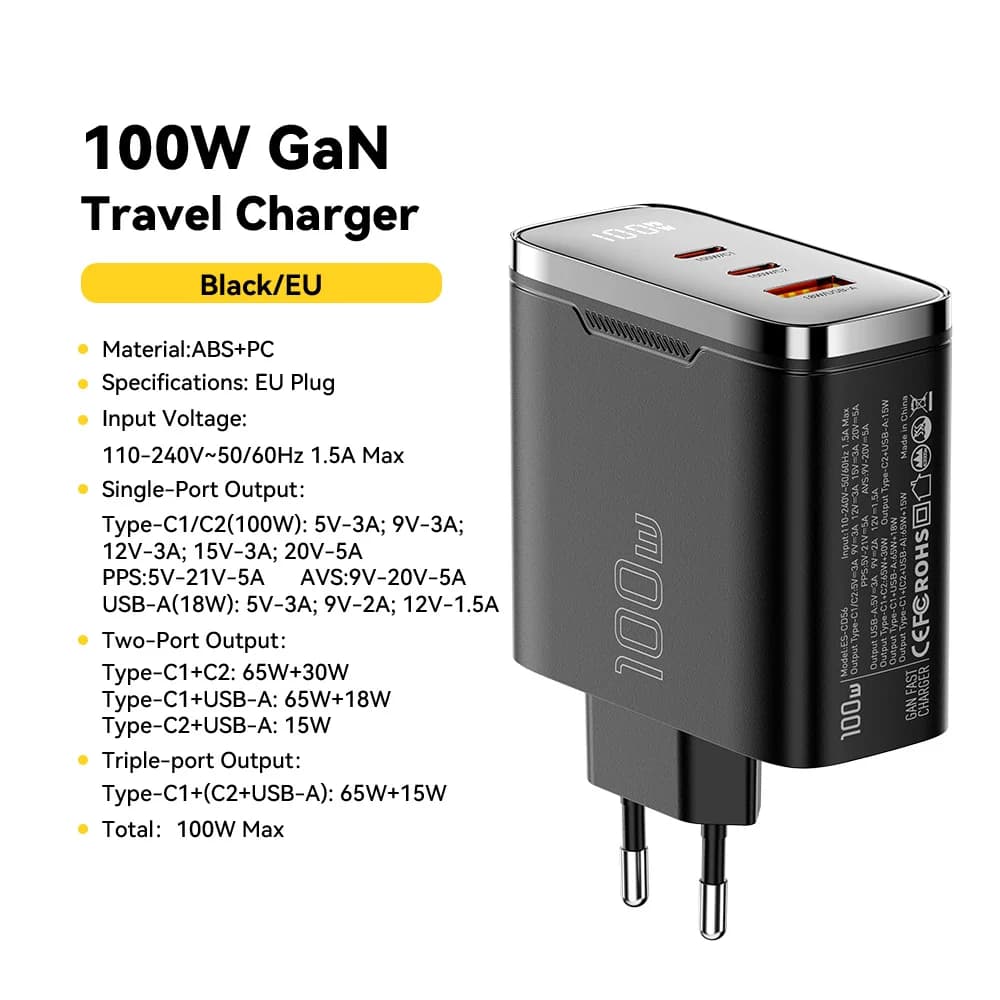 100W GaN USB-C lader med digitalt display
