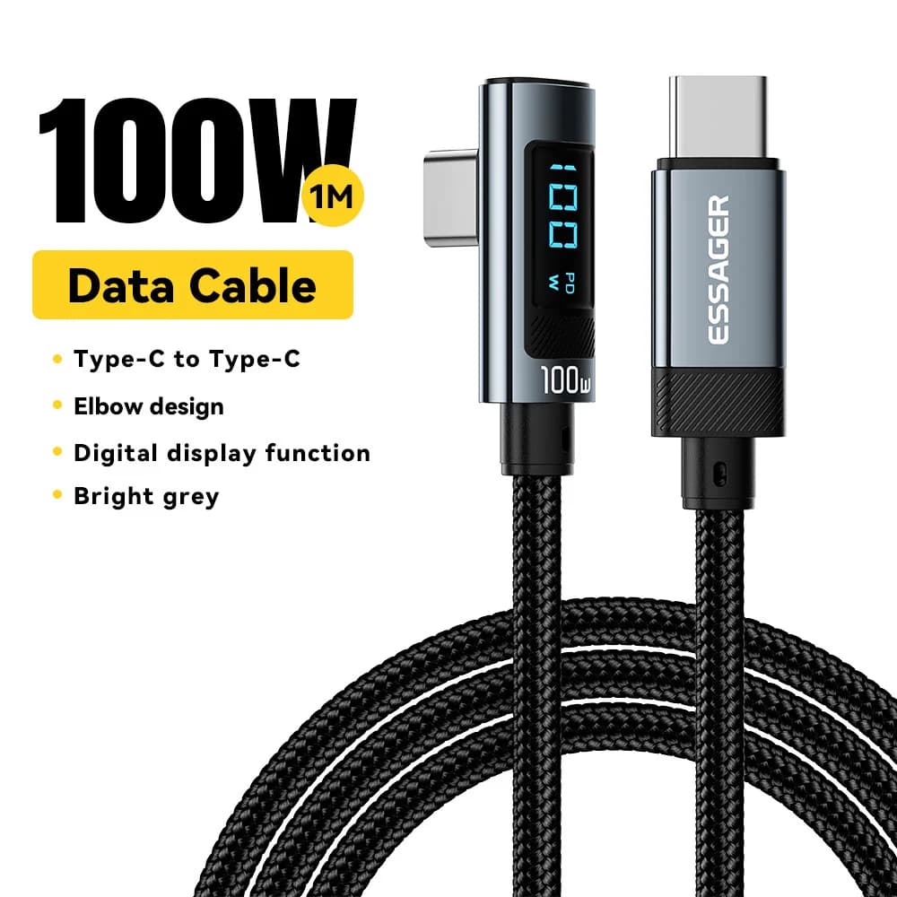 100W USB Type-C kabel med 90° vinkel og LED-display