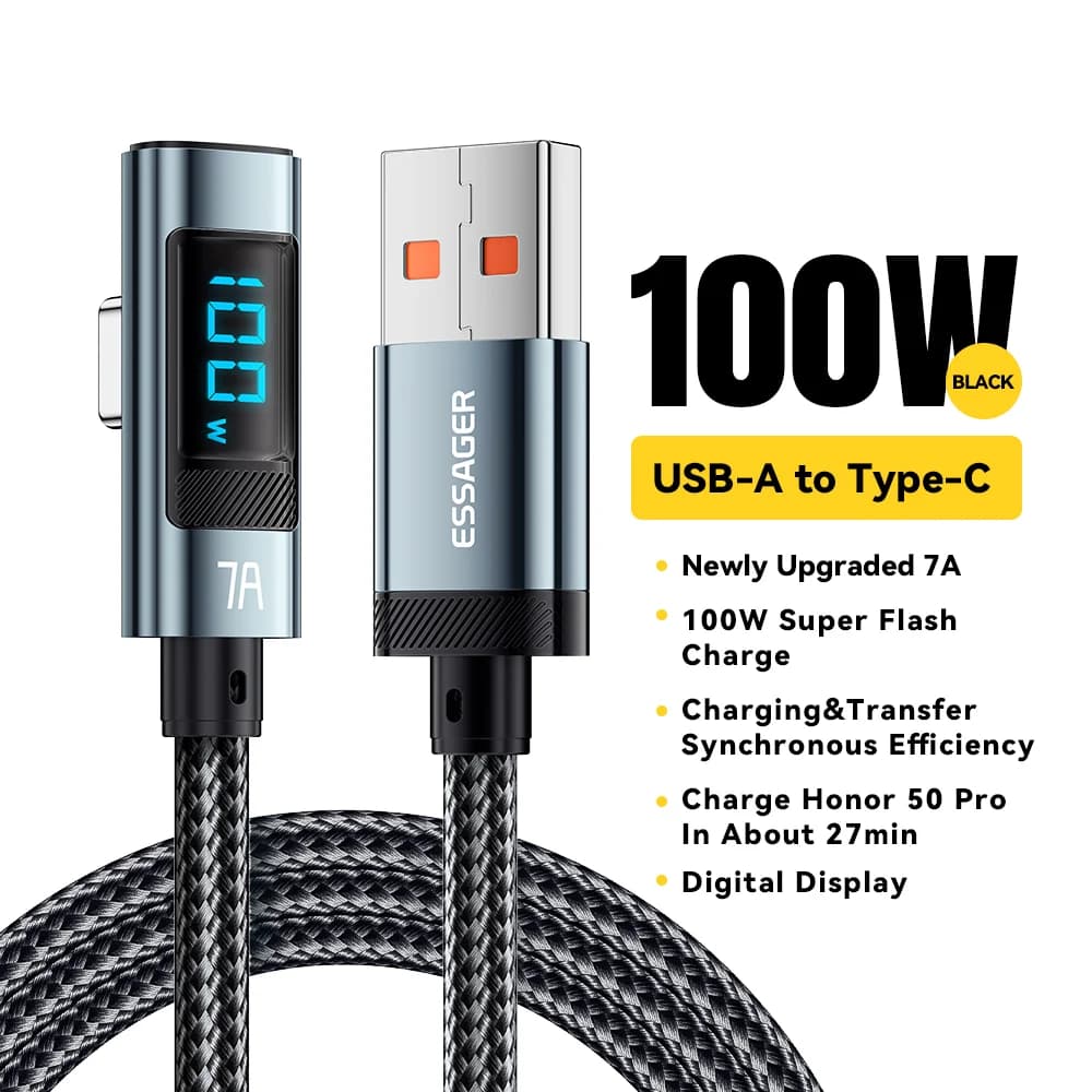 100W USB Type-C kabel med 90° vinkel og LED-display