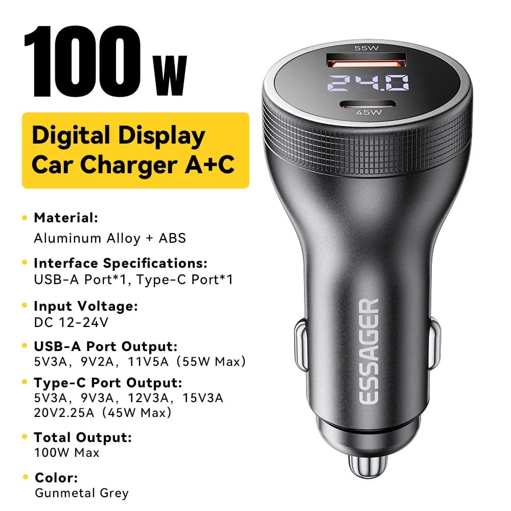 100W USB-C biloplader med digital display