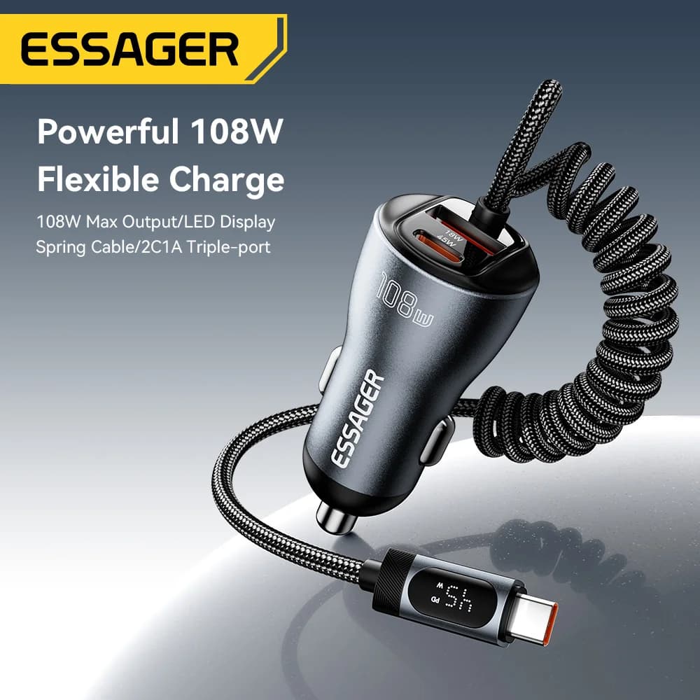 108W Biloplader med USB-C, USB-A og Fjederkabel