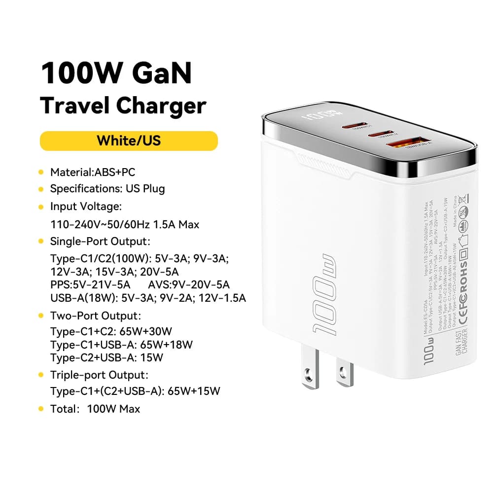 100W GaN USB-C lader med digitalt display