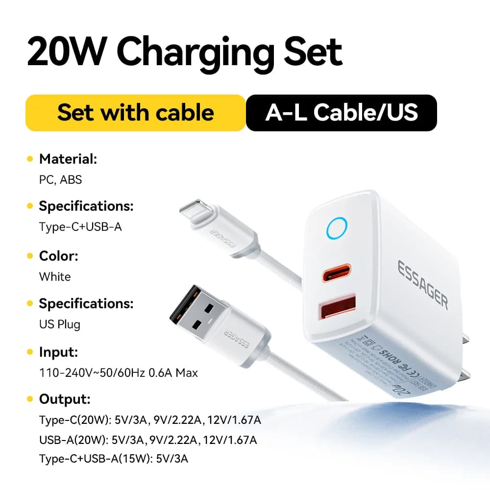 20W USB-C PD Hurtigoplader Sæt
