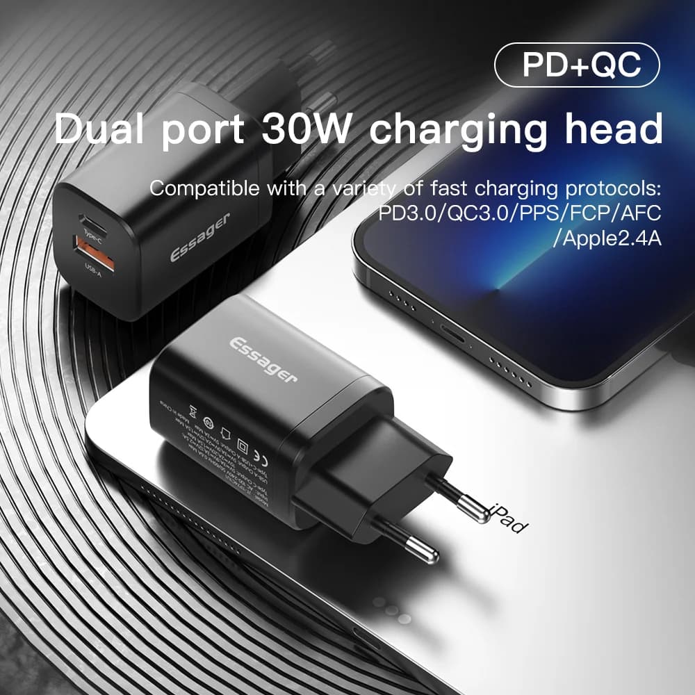 30W Dobbeltport USB-C Vægoplader med QC 3.0