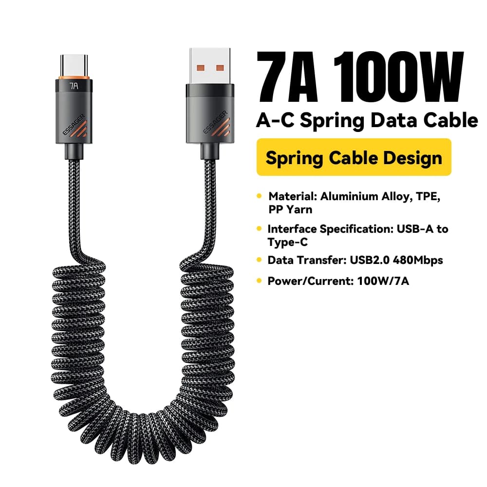 100W spiralformet USB-C til USB-C hurtigopladningskabel