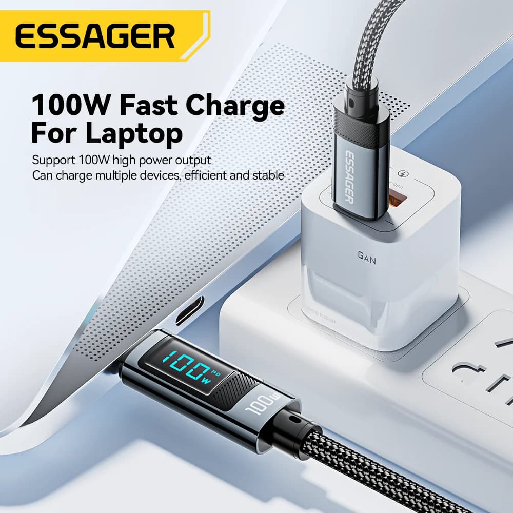 100W USB Type-C kabel med 90° vinkel og LED-display