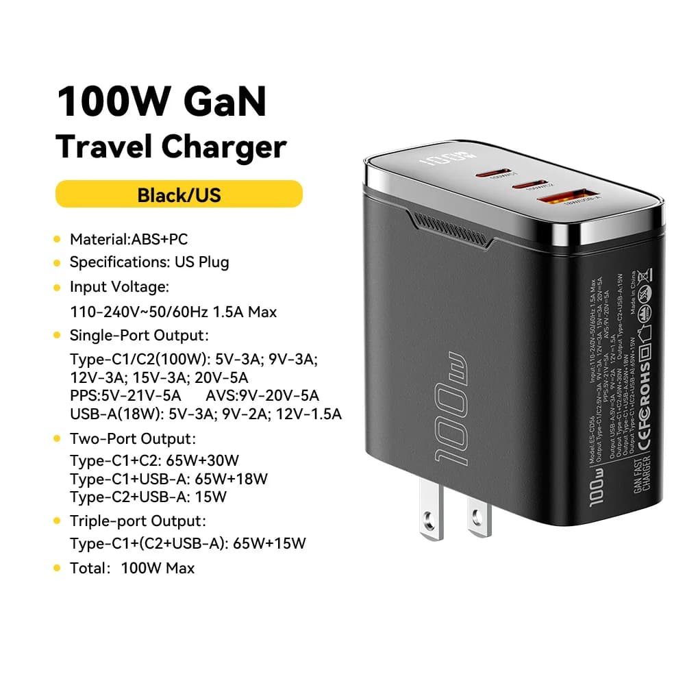 100W GaN USB-C lader med digitalt display